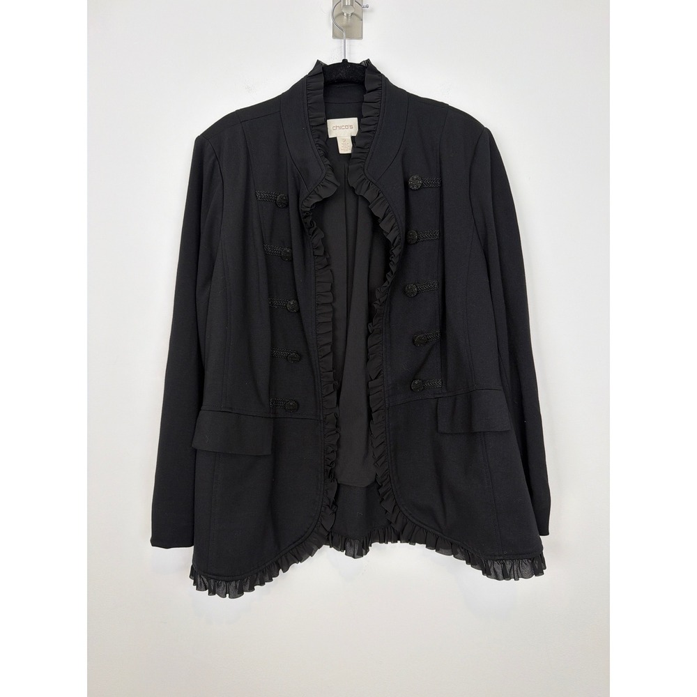Chico's Military Ruffle Blazer Size L Black Button Regency Dark Academia